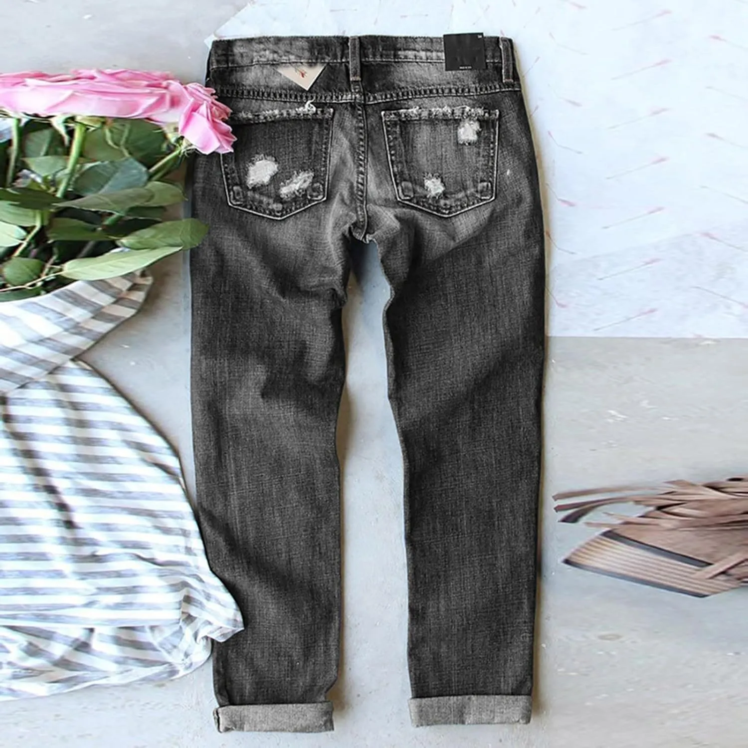 Muyise Boyfriend Jeans for Women Patchwork Distressed Casual Ripped Jeans Stretch Straight Leg Denim Trousers with Pockets