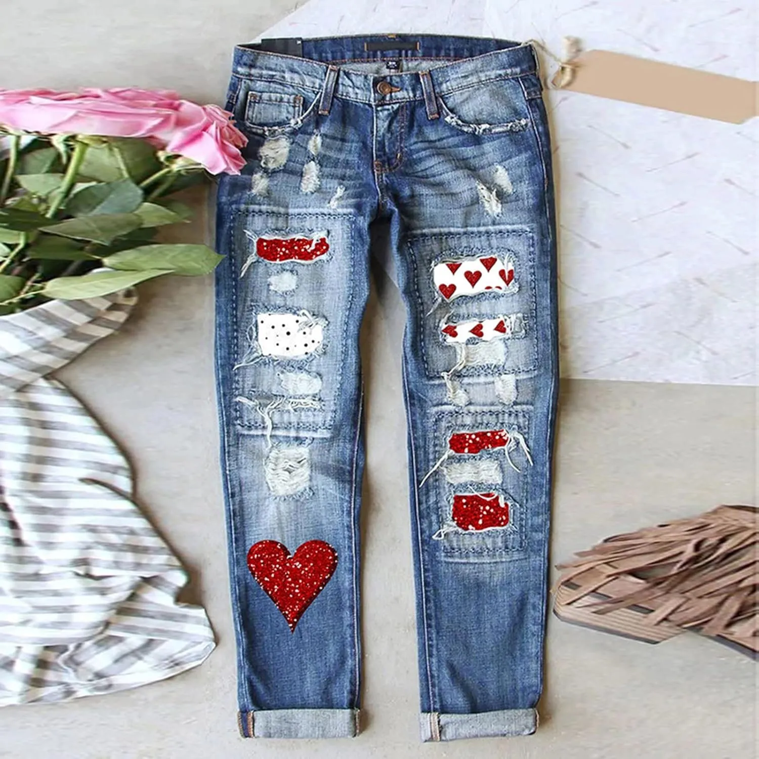 Muyise Boyfriend Jeans for Women Patchwork Distressed Casual Ripped Jeans Stretch Straight Leg Denim Trousers with Pockets