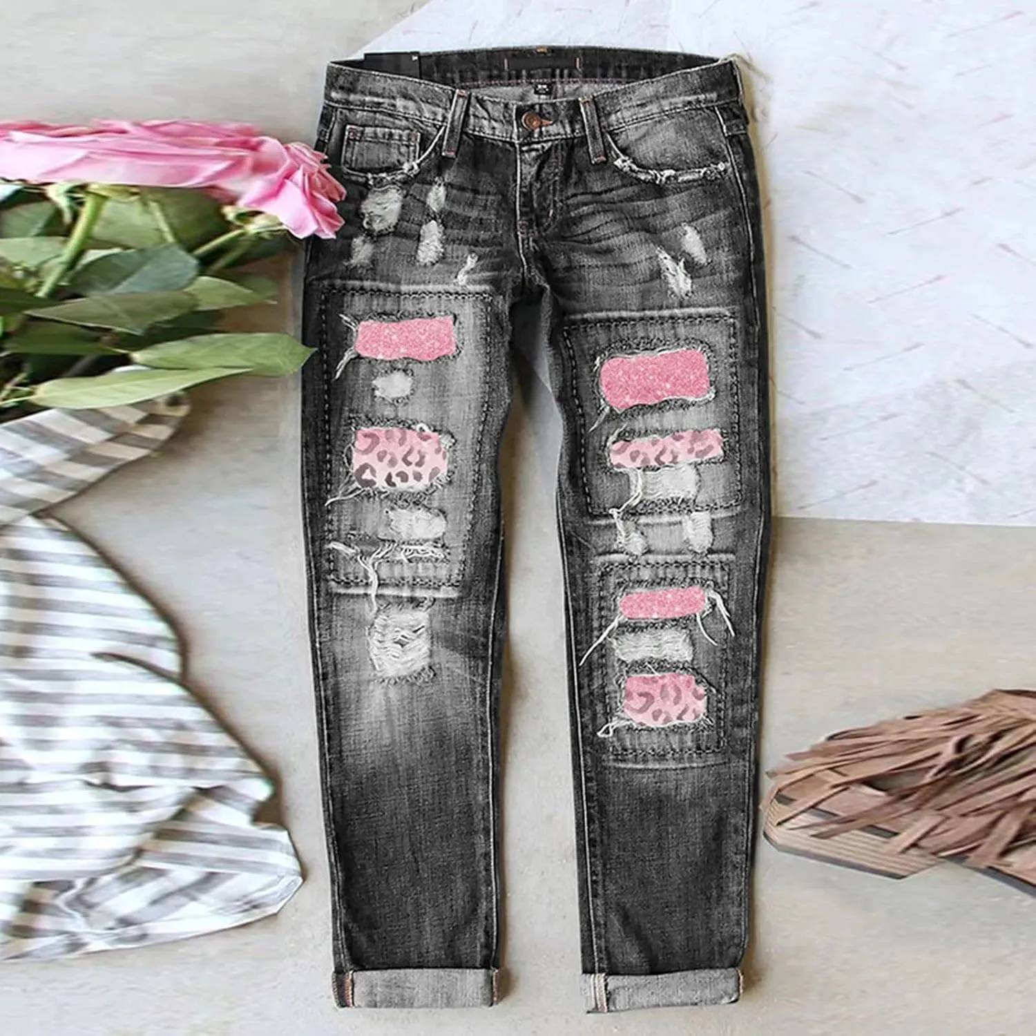 Muyise Boyfriend Jeans for Women Patchwork Distressed Casual Ripped Jeans Stretch Straight Leg Denim Trousers with Pockets