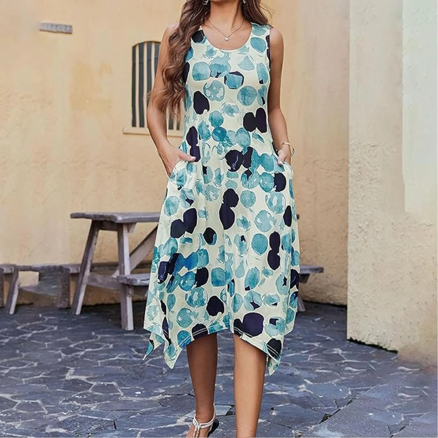 Narecte Women's Summer Casual Dresses Beach Sleeveless Midi Dress Floral Print Tank Loose Sundress with Pocket 2024