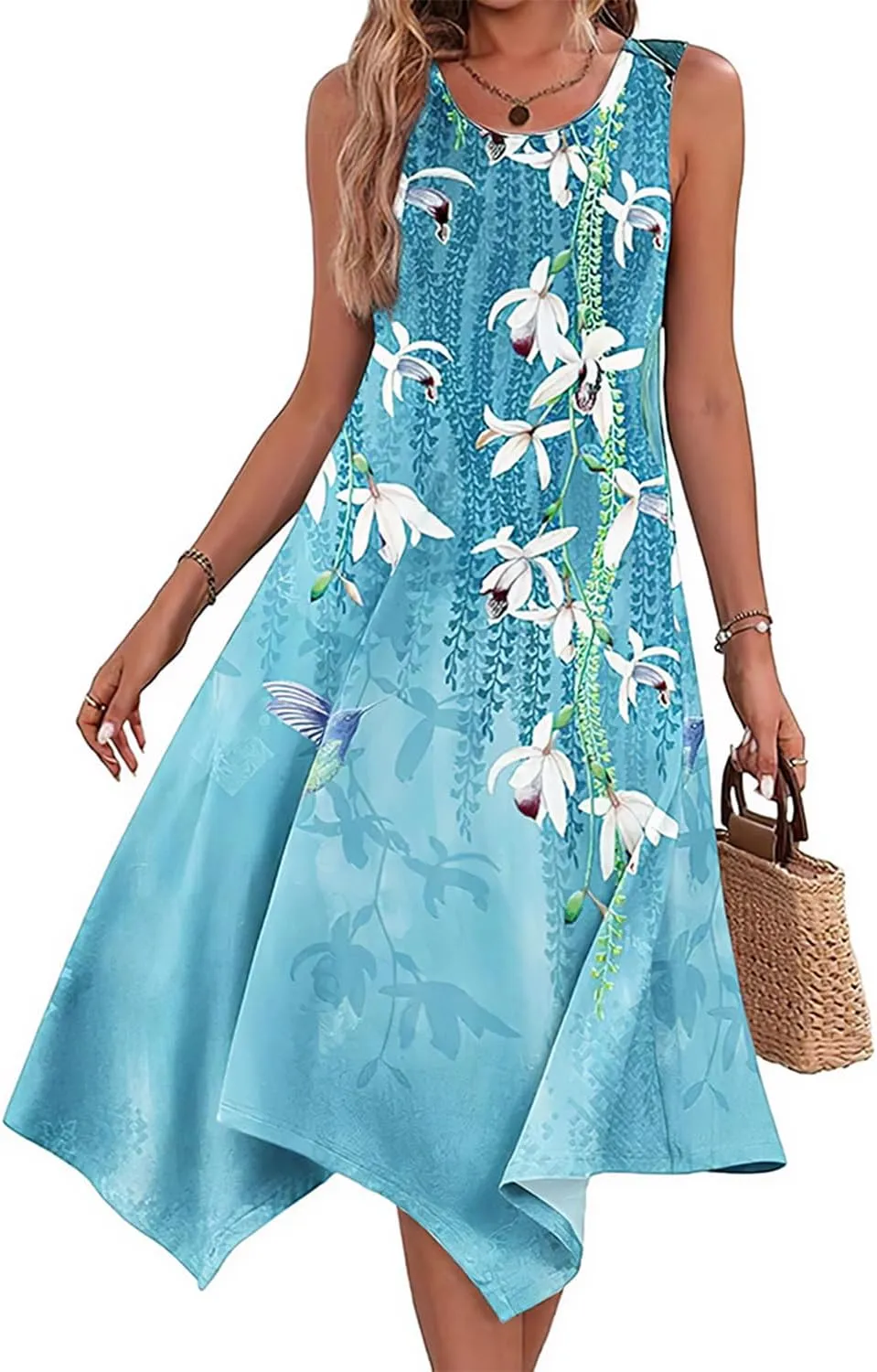 Narecte Women's Summer Casual Dresses Beach Sleeveless Midi Dress Floral Print Tank Loose Sundress with Pocket 2024