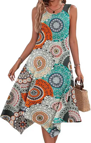 Narecte Women's Summer Casual Dresses Beach Sleeveless Midi Dress Floral Print Tank Loose Sundress with Pocket 2024