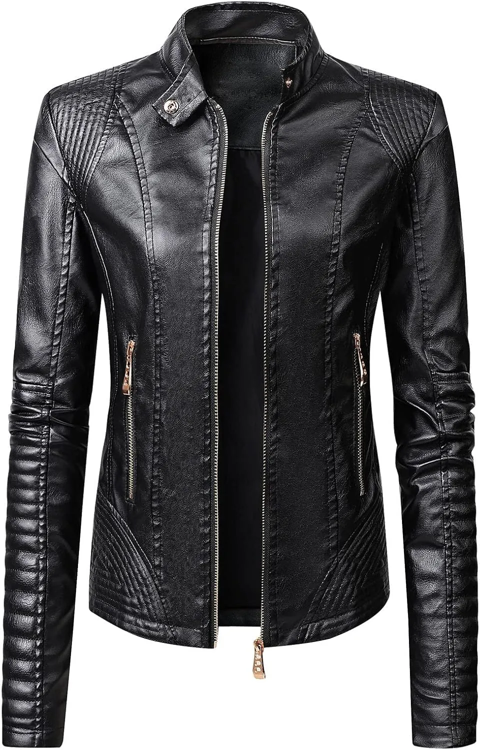 NATHGAM Womens Casual Motor Leather Jackets Full Zipper Stand Collar Biker Leather Jacket Long Sleeve PU Jacket with Pockets