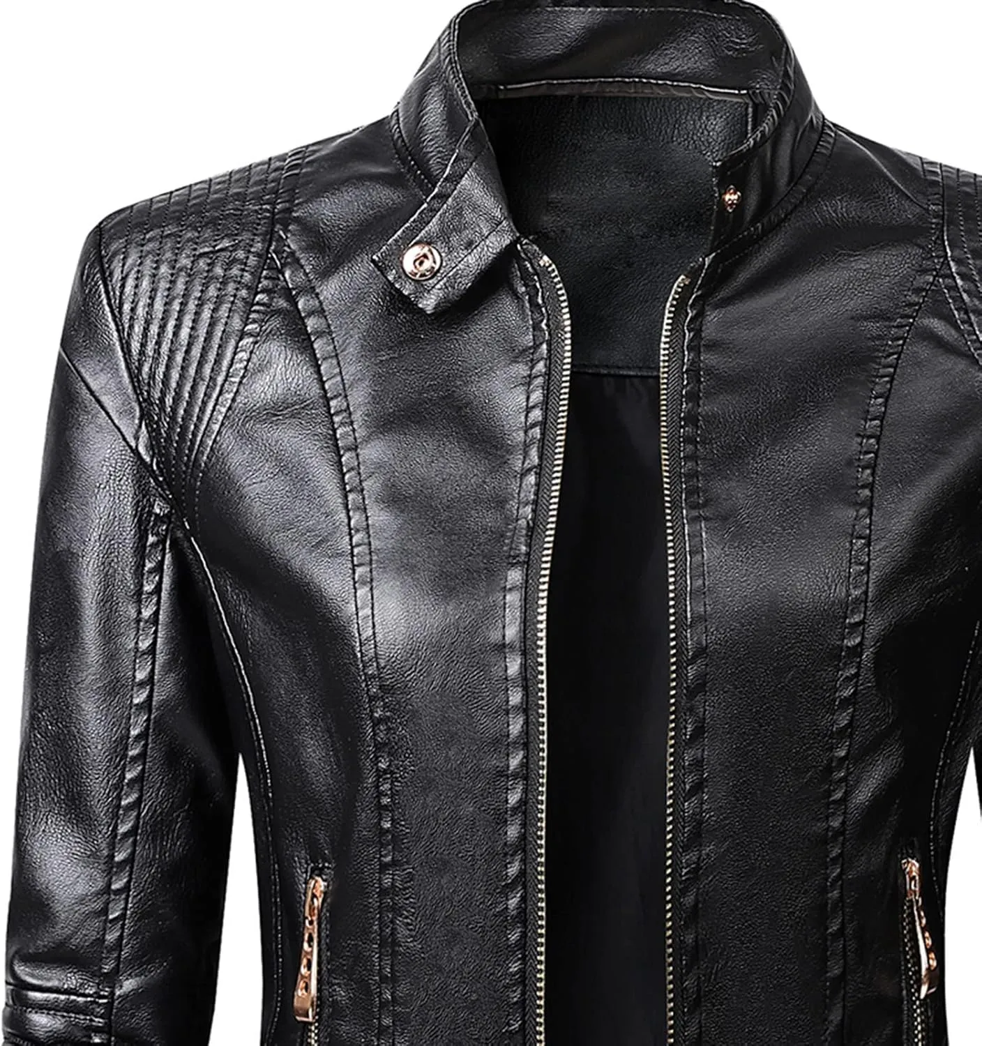 NATHGAM Womens Casual Motor Leather Jackets Full Zipper Stand Collar Biker Leather Jacket Long Sleeve PU Jacket with Pockets