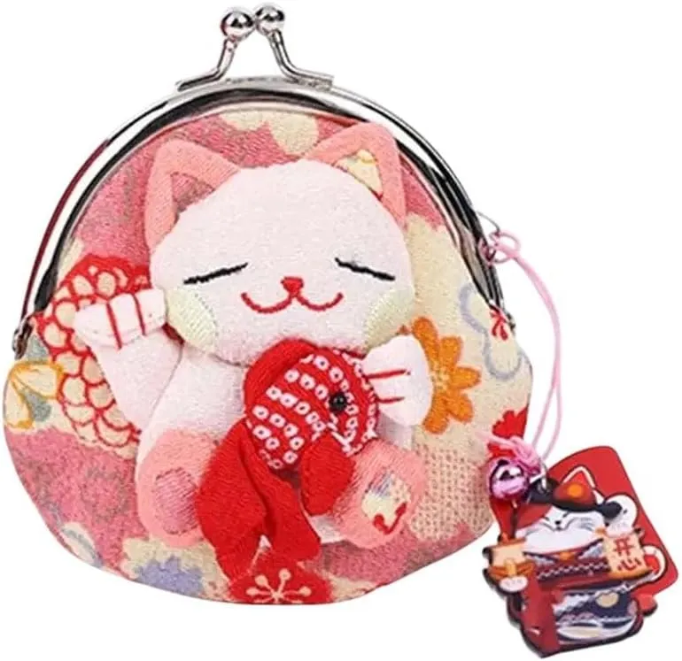 New 2025 Casual Japanese Style Maneki Neko Coin Purse Doll Wallets Lucky Cat Clutch Bag Pu Flower Printing Card Holder Travel Jewelry Findings Fashion Trendy Accessories Creative Gift