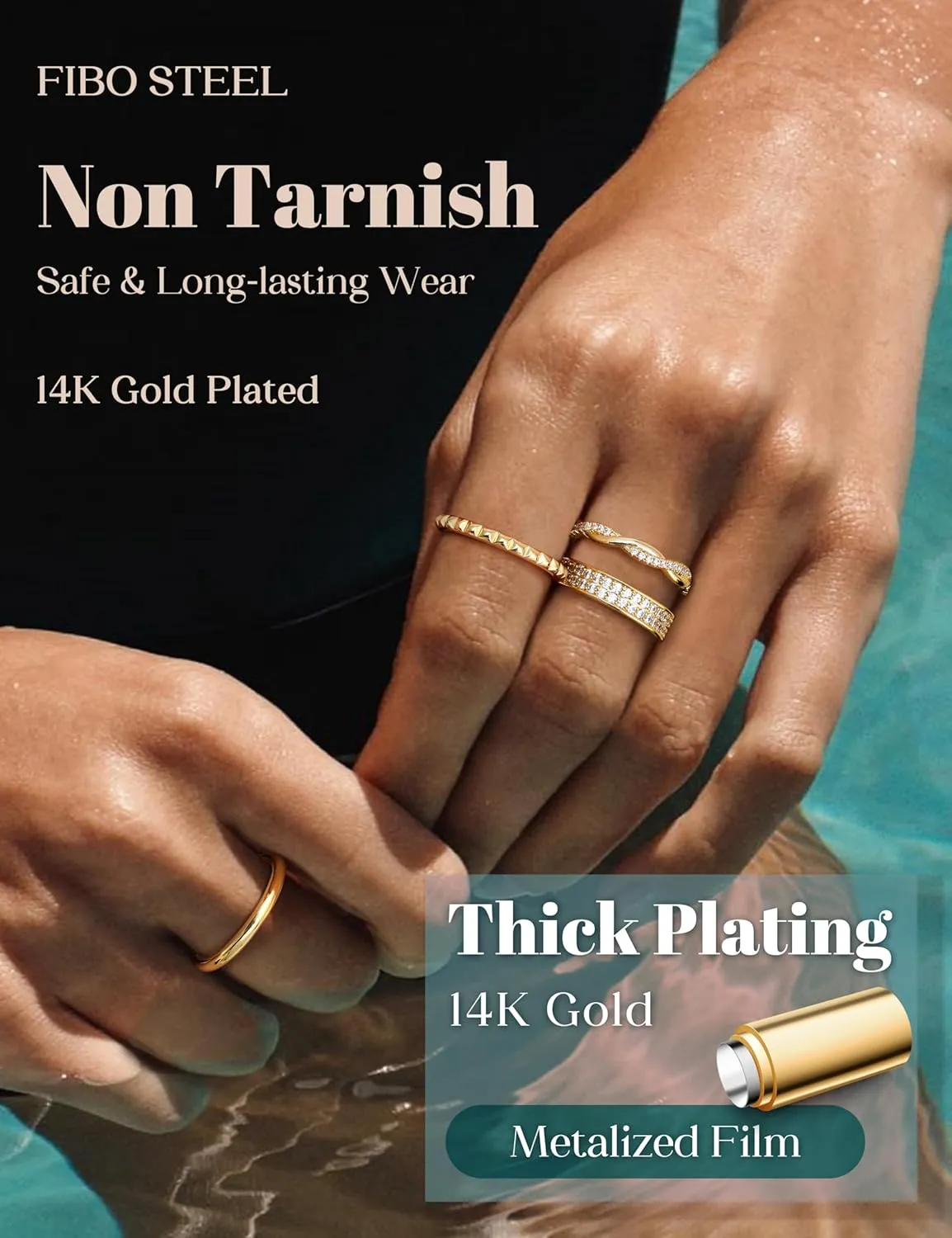 Non Tarnish Gold Silver Stackable Rings for Women - 14K Gold Plated Waterproof Stacking Thin Chunky Bands Cubic Zirconia Thumb Ring Set 2-4mm Trendy Statement Promise Engagement Rings Size 5-10