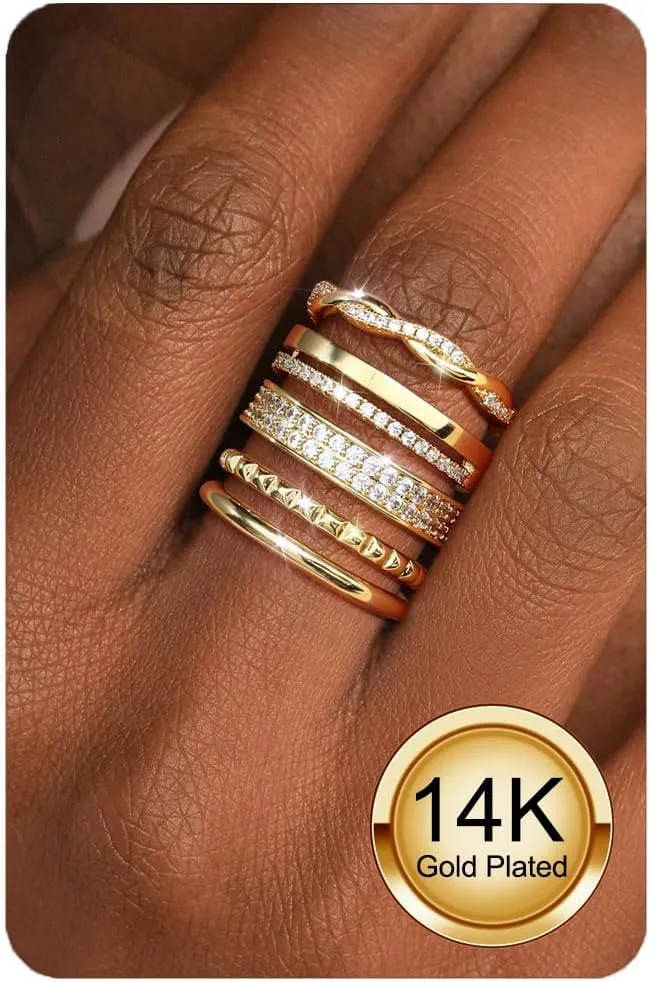 Non Tarnish Gold Silver Stackable Rings for Women - 14K Gold Plated Waterproof Stacking Thin Chunky Bands Cubic Zirconia Thumb Ring Set 2-4mm Trendy Statement Promise Engagement Rings Size 5-10