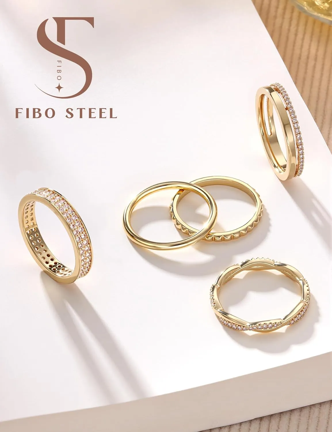 Non Tarnish Gold Silver Stackable Rings for Women - 14K Gold Plated Waterproof Stacking Thin Chunky Bands Cubic Zirconia Thumb Ring Set 2-4mm Trendy Statement Promise Engagement Rings Size 5-10