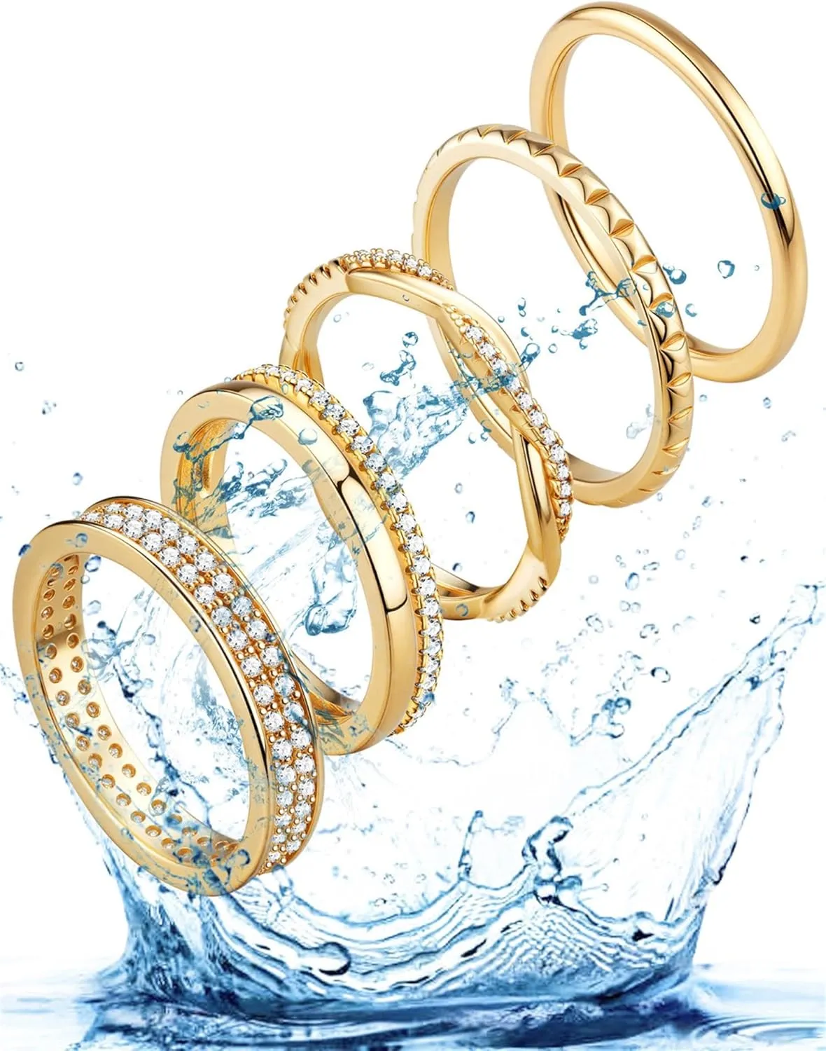 Non Tarnish Gold Silver Stackable Rings for Women - 14K Gold Plated Waterproof Stacking Thin Chunky Bands Cubic Zirconia Thumb Ring Set 2-4mm Trendy Statement Promise Engagement Rings Size 5-10