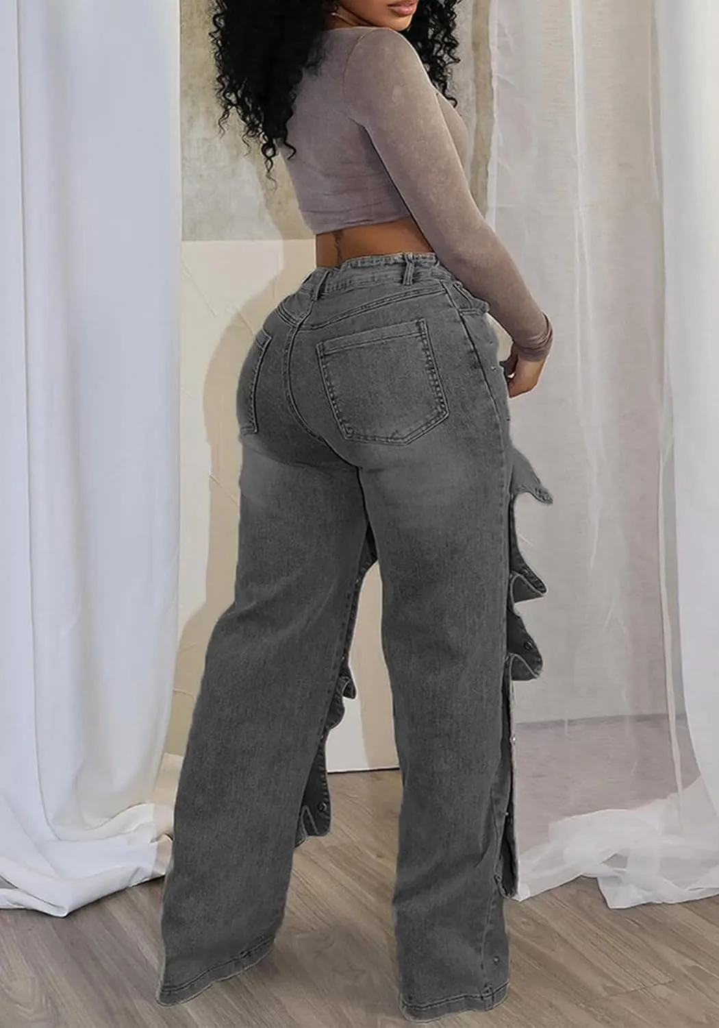 NRTHYE Women Cargo Jeans High Waisted Straight Wide Leg Jeans Pants Button Detachable Denim Cargo Trousers