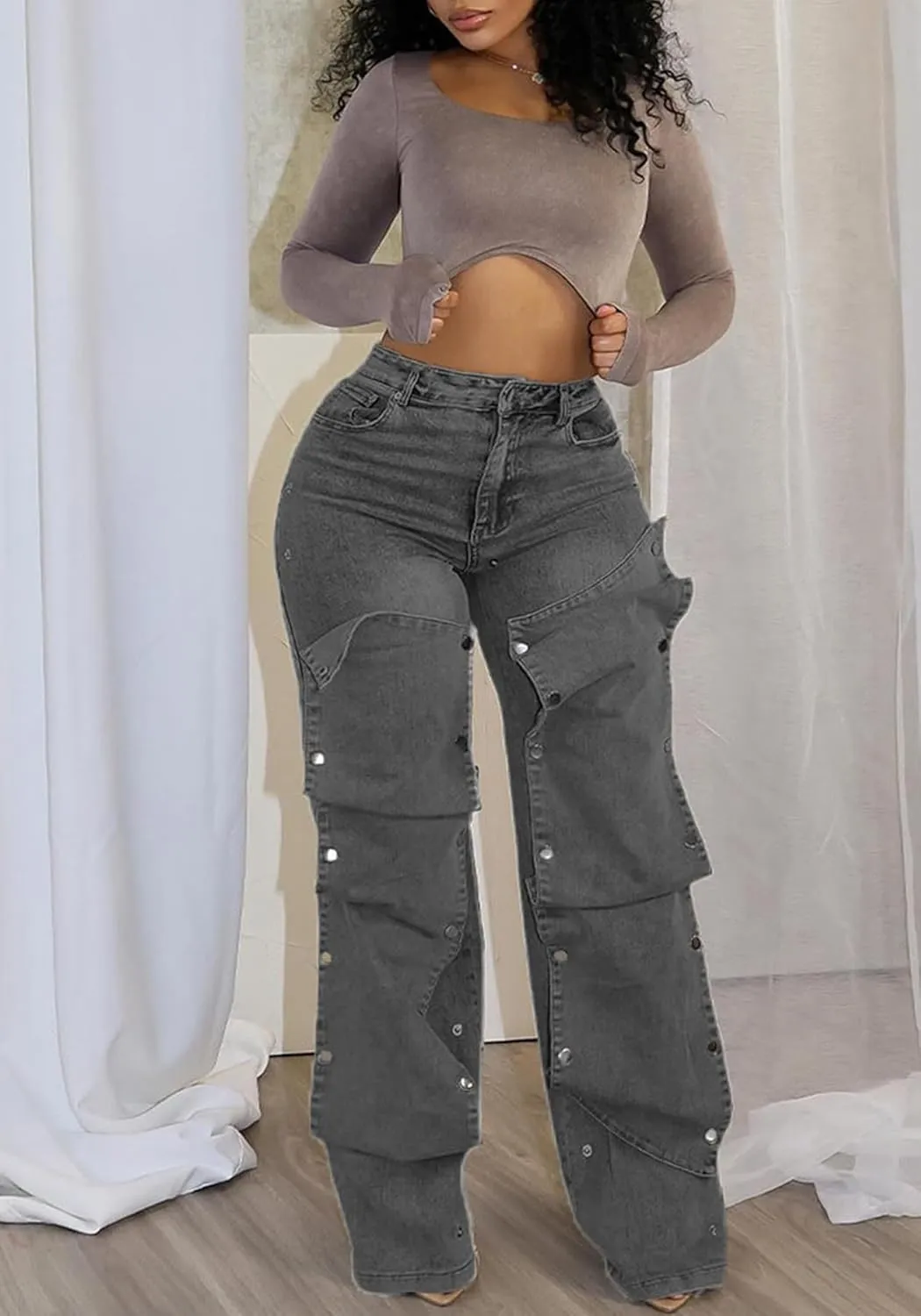 NRTHYE Women Cargo Jeans High Waisted Straight Wide Leg Jeans Pants Button Detachable Denim Cargo Trousers