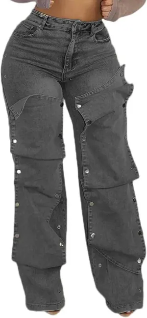 NRTHYE Women Cargo Jeans High Waisted Straight Wide Leg Jeans Pants Button Detachable Denim Cargo Trousers