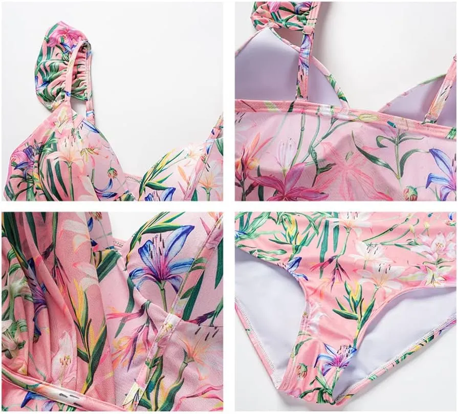 OBEEII Womens One Piece Swimsuit with Cover up Skirt Set Retro Floral Tummy Control Bikini Matching Bathing Suit Beachwear