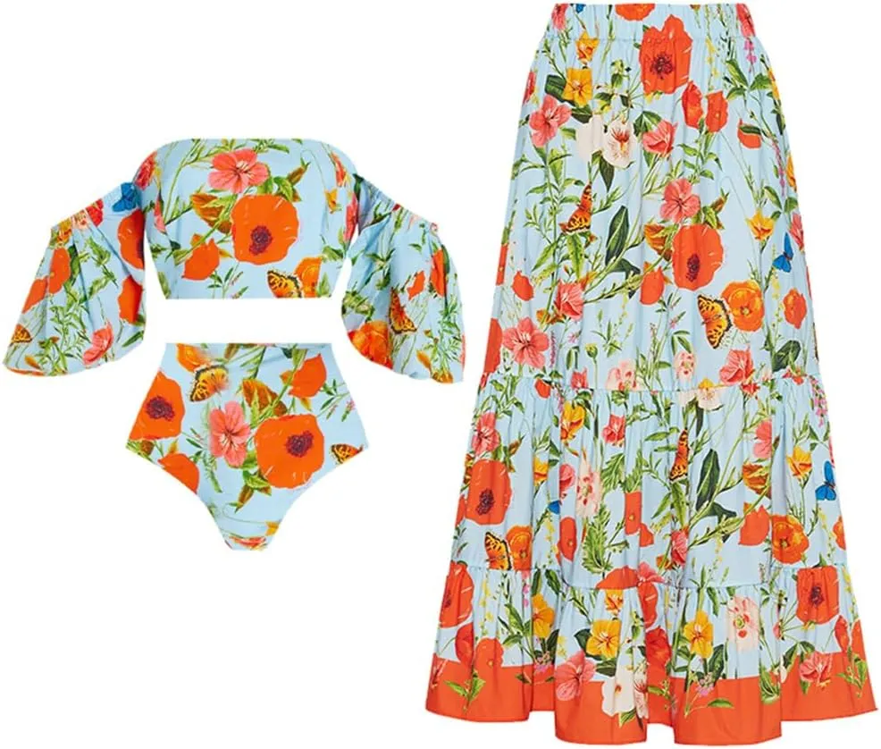 OBEEII Womens One Piece Swimsuit with Cover up Skirt Set Retro Floral Tummy Control Bikini Matching Bathing Suit Beachwear