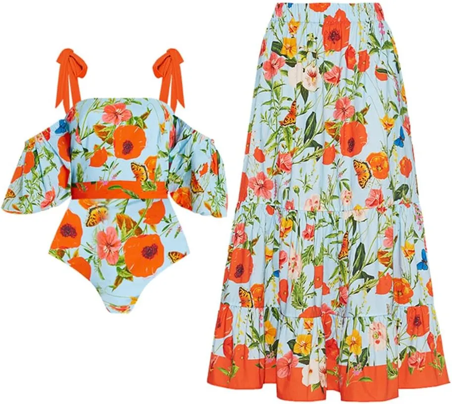 OBEEII Womens One Piece Swimsuit with Cover up Skirt Set Retro Floral Tummy Control Bikini Matching Bathing Suit Beachwear