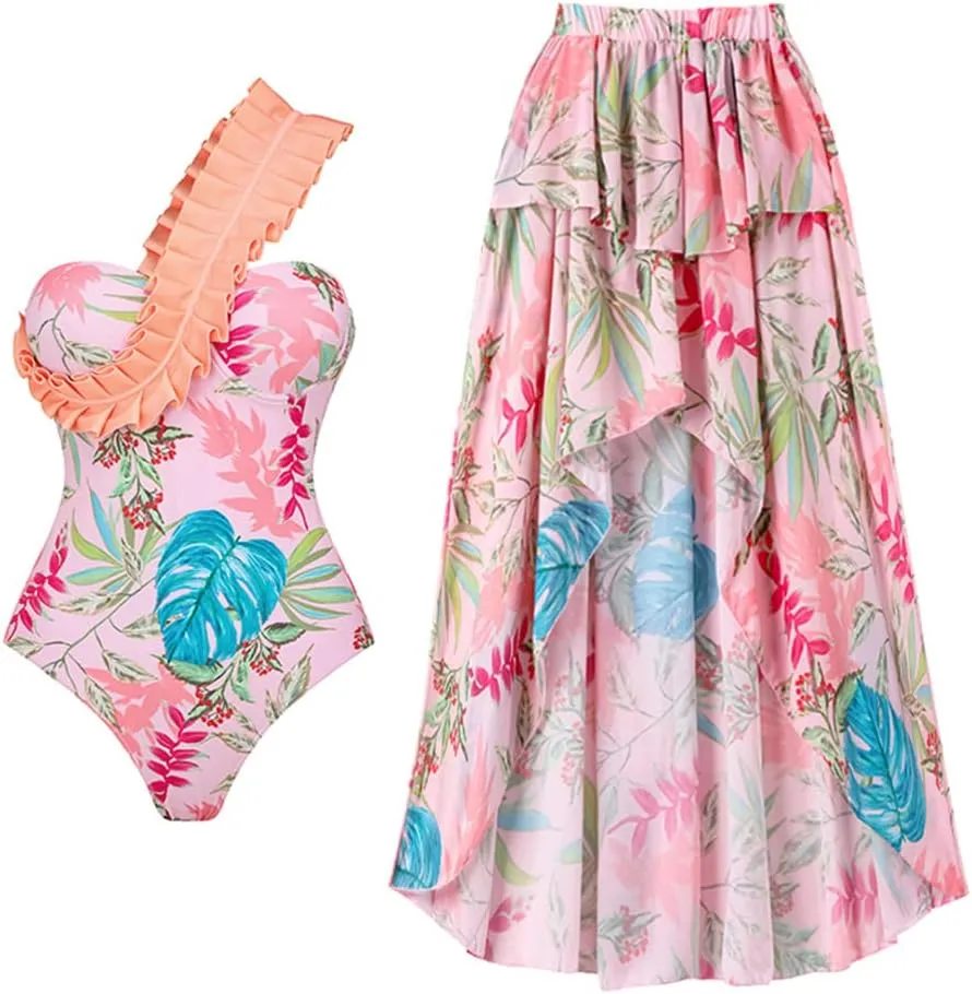 OBEEII Womens One Piece Swimsuit with Cover up Skirt Set Retro Floral Tummy Control Bikini Matching Bathing Suit Beachwear