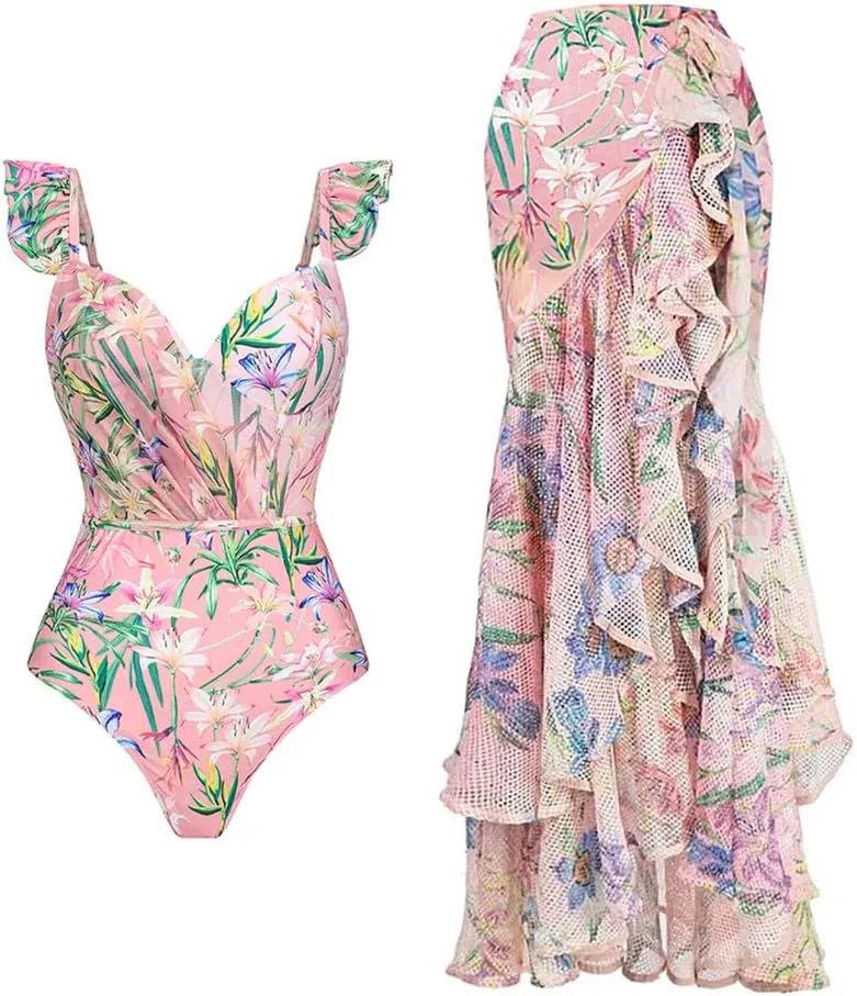 OBEEII Womens One Piece Swimsuit with Cover up Skirt Set Retro Floral Tummy Control Bikini Matching Bathing Suit Beachwear