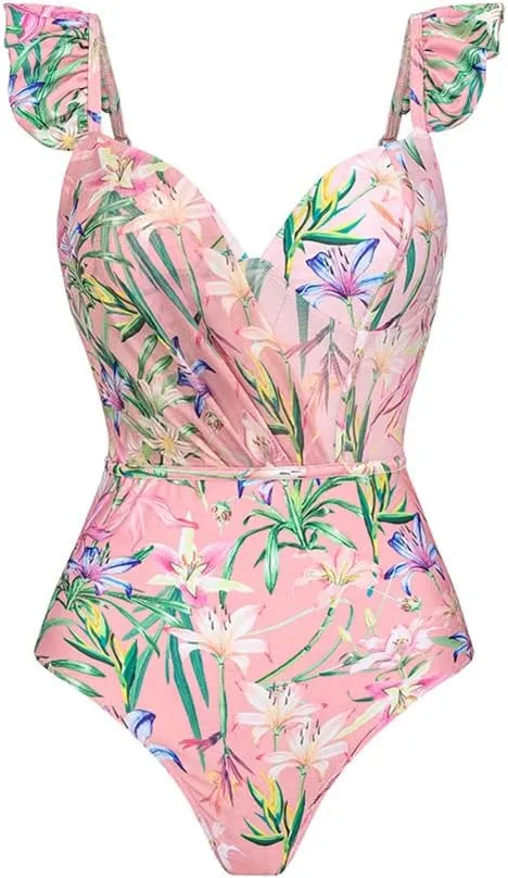 OBEEII Womens One Piece Swimsuit with Cover up Skirt Set Retro Floral Tummy Control Bikini Matching Bathing Suit Beachwear