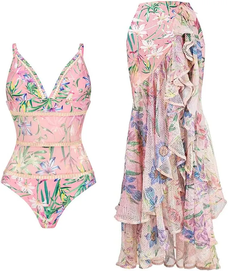 OBEEII Womens One Piece Swimsuit with Cover up Skirt Set Retro Floral Tummy Control Bikini Matching Bathing Suit Beachwear