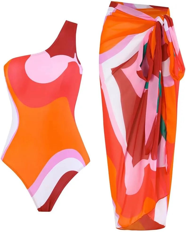 ODASDO Women One Piece Swimsuit with Beach Cover Ups Wrap Skirt Sarong Retro Floral Print Bathing Suit Vacation Beachwear
