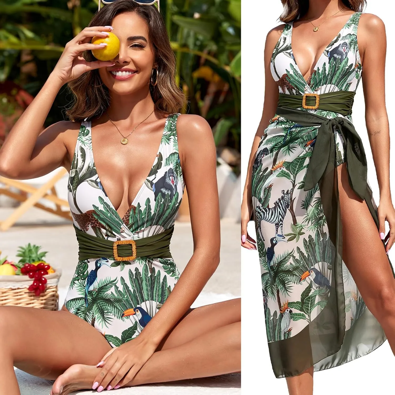 ODIZLI Women's Swimming Suit Floral Print Swimsuit and Skirt Beach Cover Up Sarong Bathing Suit