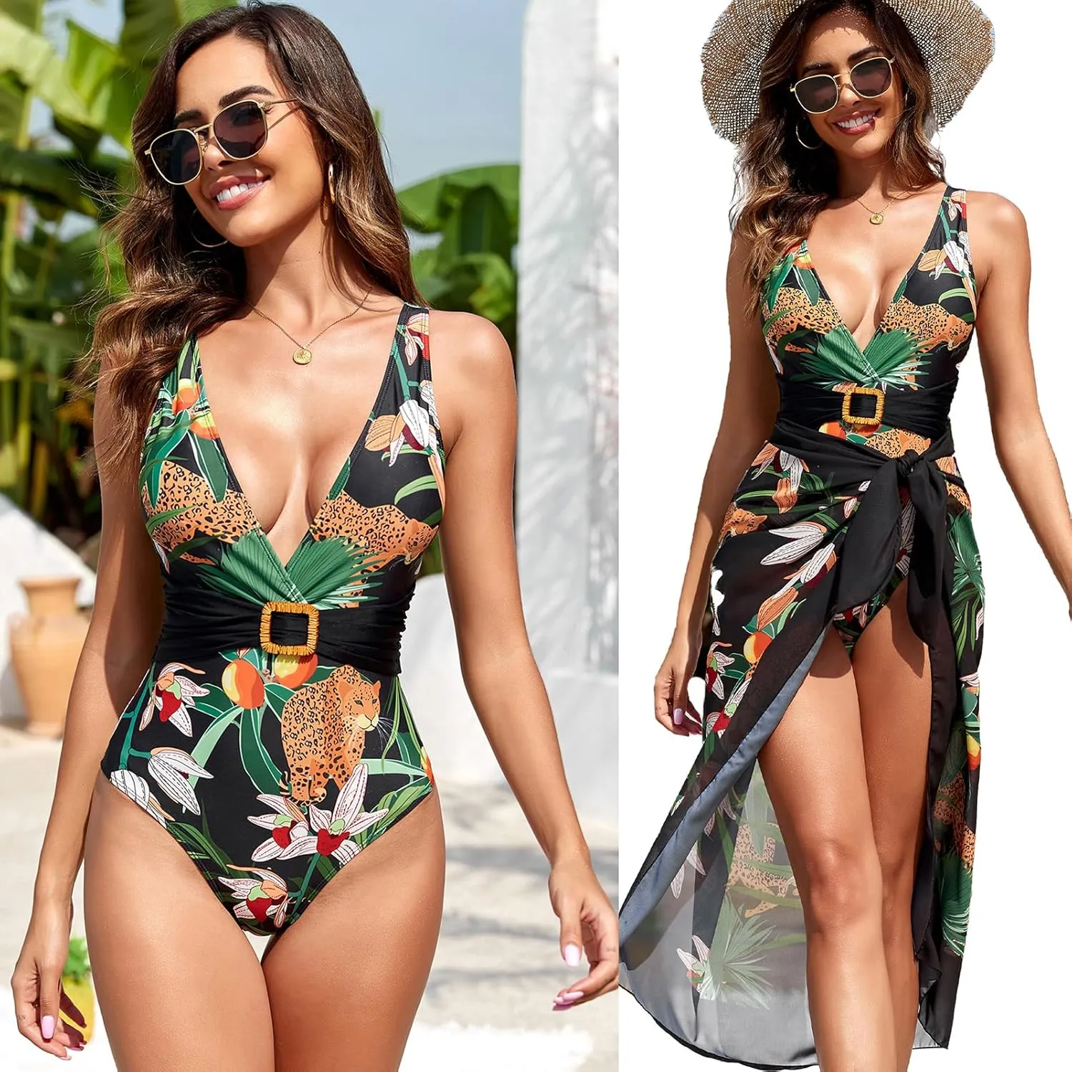 ODIZLI Women's Swimming Suit Floral Print Swimsuit and Skirt Beach Cover Up Sarong Bathing Suit