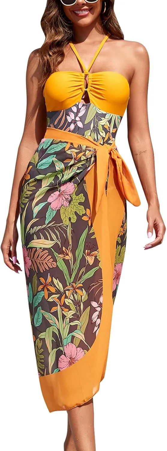 ODIZLI Women's Swimming Suit Floral Print Swimsuit and Skirt Beach Cover Up Sarong Bathing Suit