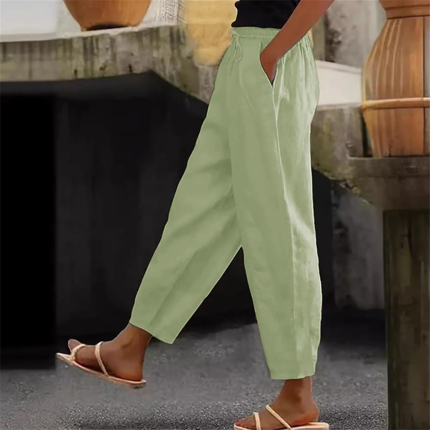 Office Attire for Women 2025 Linen Wide Leg Casual Loose Drawstring Low Waist Beach Palazzo Harem Pants with Pockets