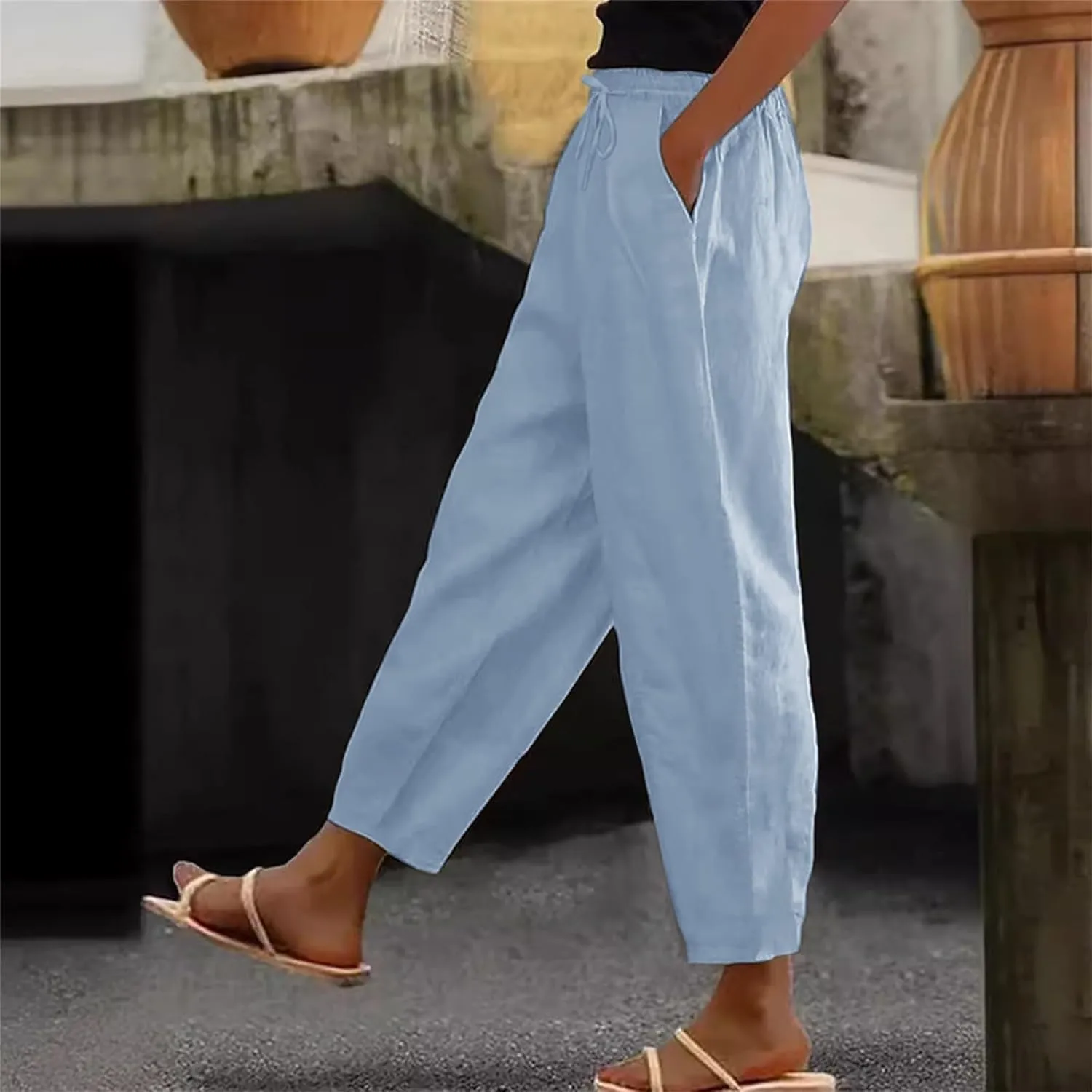 Office Attire for Women 2025 Linen Wide Leg Casual Loose Drawstring Low Waist Beach Palazzo Harem Pants with Pockets