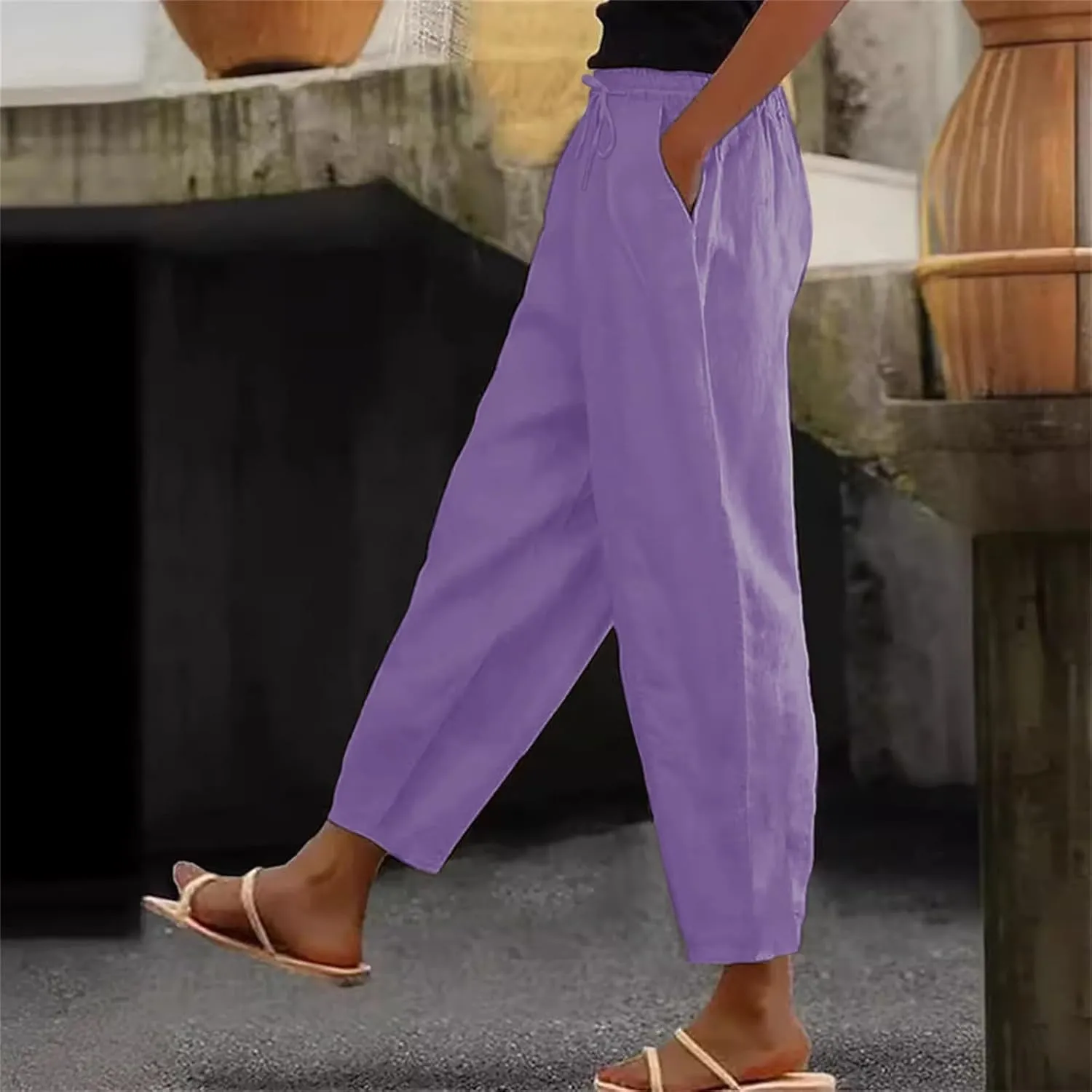 Office Attire for Women 2025 Linen Wide Leg Casual Loose Drawstring Low Waist Beach Palazzo Harem Pants with Pockets