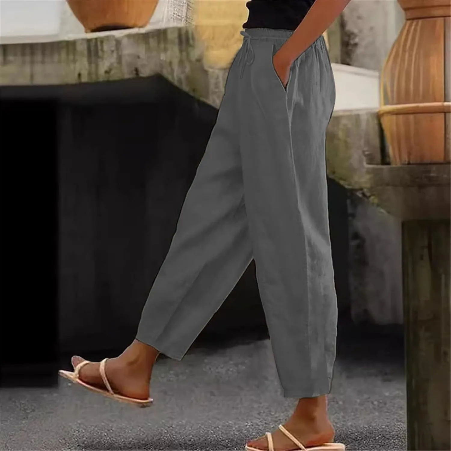 Office Attire for Women 2025 Linen Wide Leg Casual Loose Drawstring Low Waist Beach Palazzo Harem Pants with Pockets
