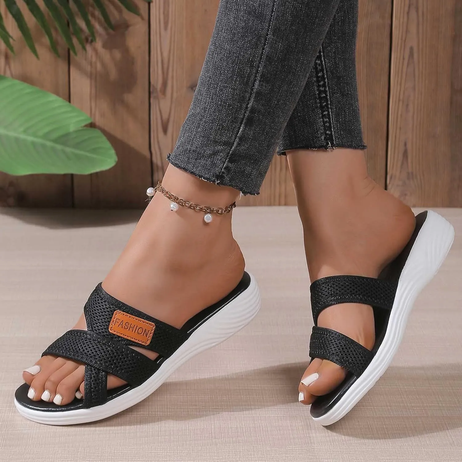 Orthopedic Sandals for Women, Hollow Mesh Slide Sandal with Arch Support Comfortable Beach Shoes