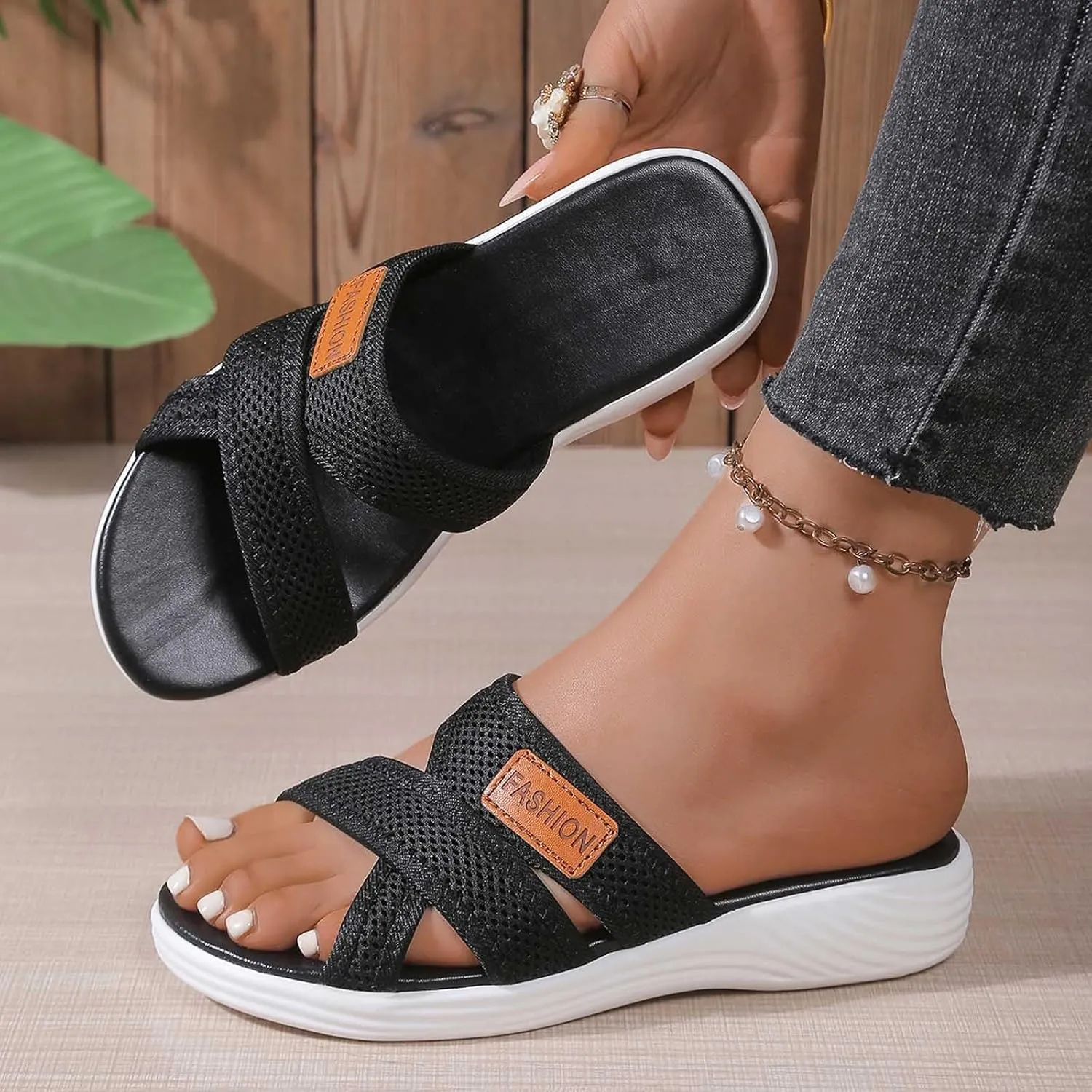 Orthopedic Sandals for Women, Hollow Mesh Slide Sandal with Arch Support Comfortable Beach Shoes