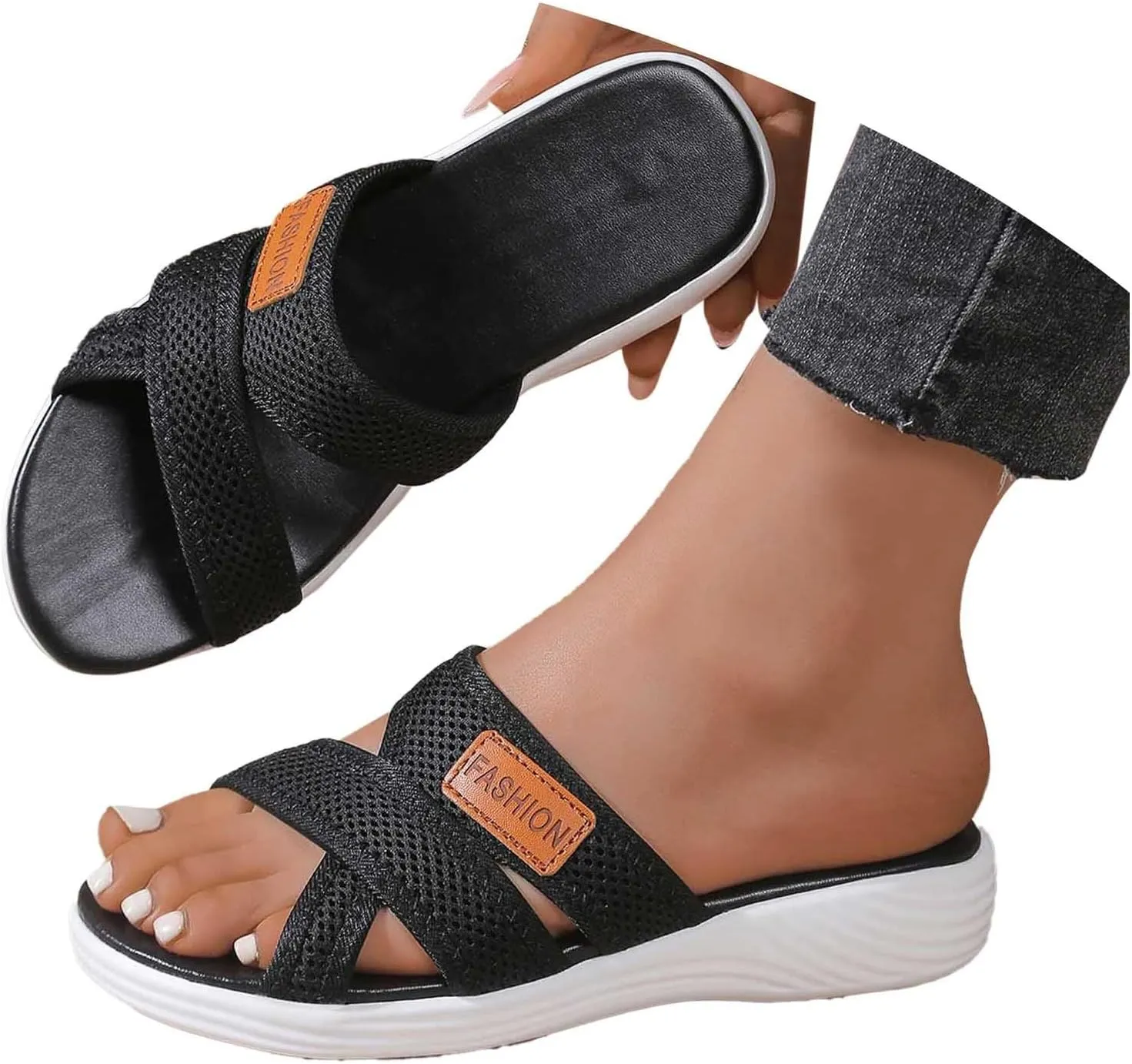 Orthopedic Sandals for Women, Hollow Mesh Slide Sandal with Arch Support Comfortable Beach Shoes