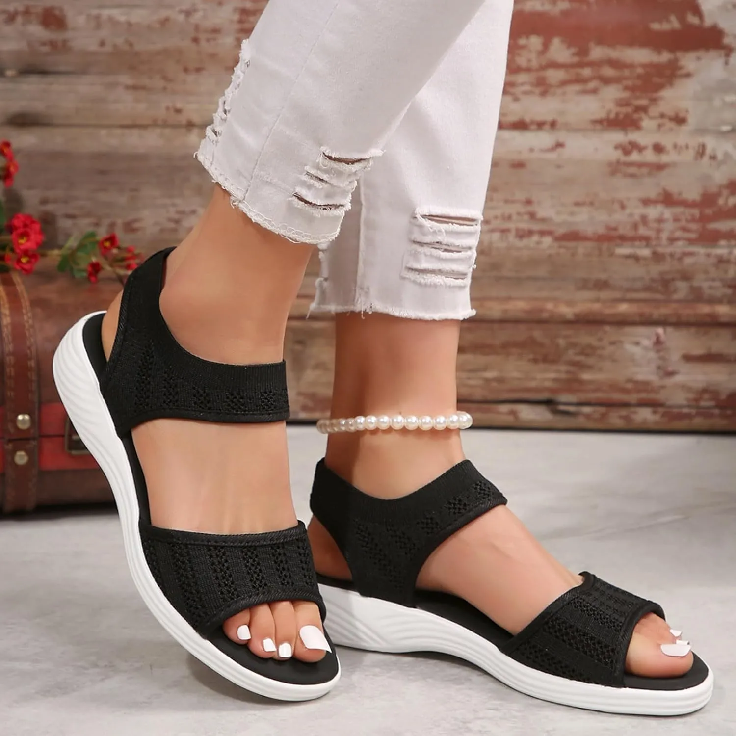 Orthopedic Wedge Sandals for Women Dressy Summer 2025 Comfortable Walking for Women's Slip On Loafers Knitted Mesh Thick Heel Fish Mouth Elastic Strap Mule Breathable Shoes Wedges Canvas Sneakers