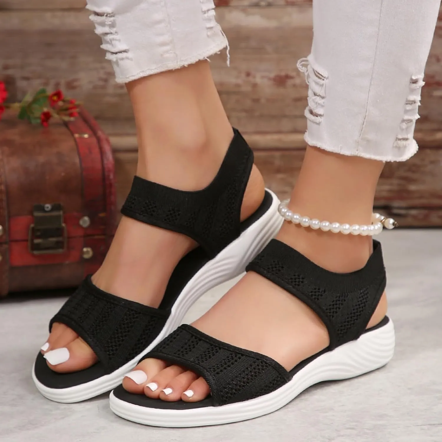 Orthopedic Wedge Sandals for Women Dressy Summer 2025 Comfortable Walking for Women's Slip On Loafers Knitted Mesh Thick Heel Fish Mouth Elastic Strap Mule Breathable Shoes Wedges Canvas Sneakers
