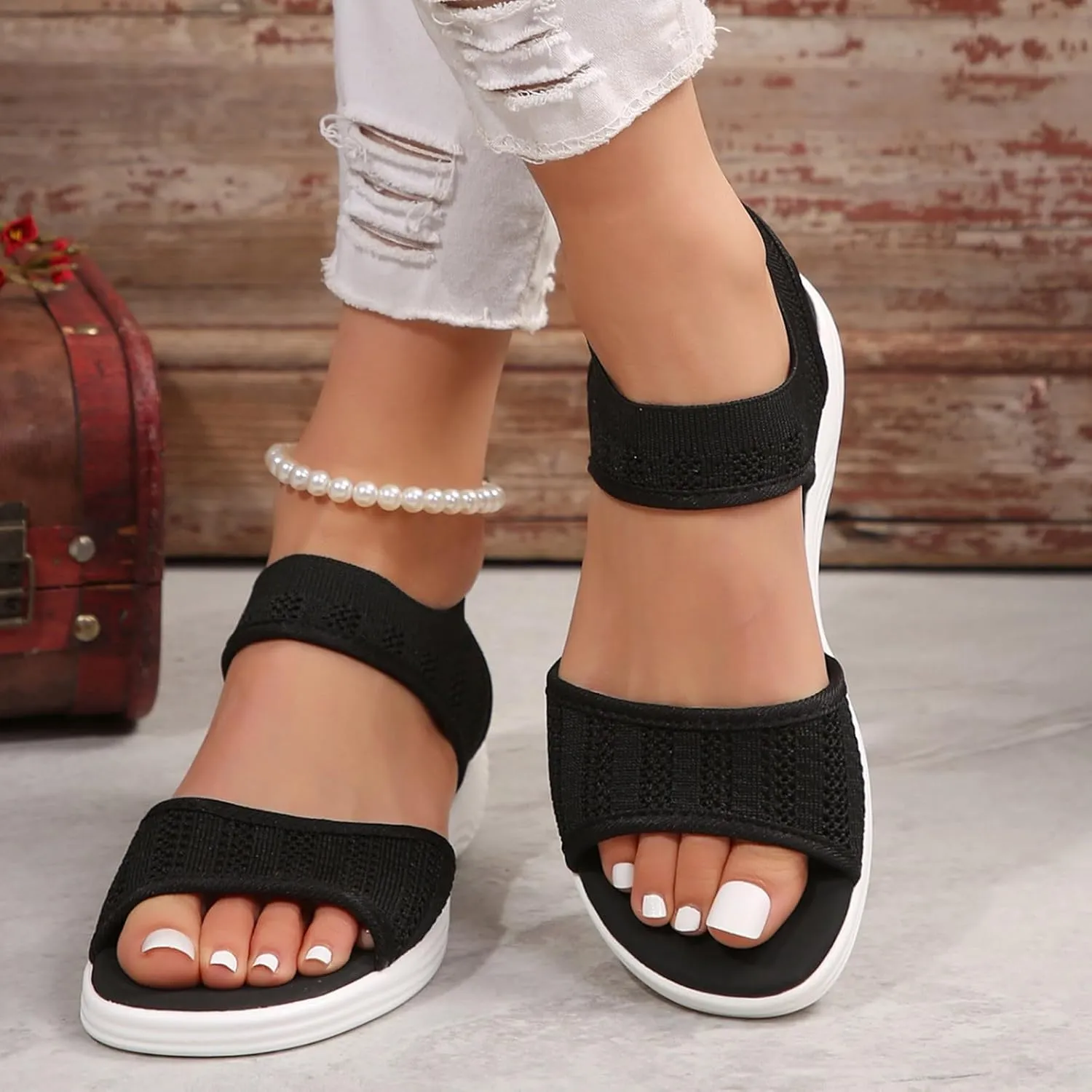 Orthopedic Wedge Sandals for Women Dressy Summer 2025 Comfortable Walking for Women's Slip On Loafers Knitted Mesh Thick Heel Fish Mouth Elastic Strap Mule Breathable Shoes Wedges Canvas Sneakers