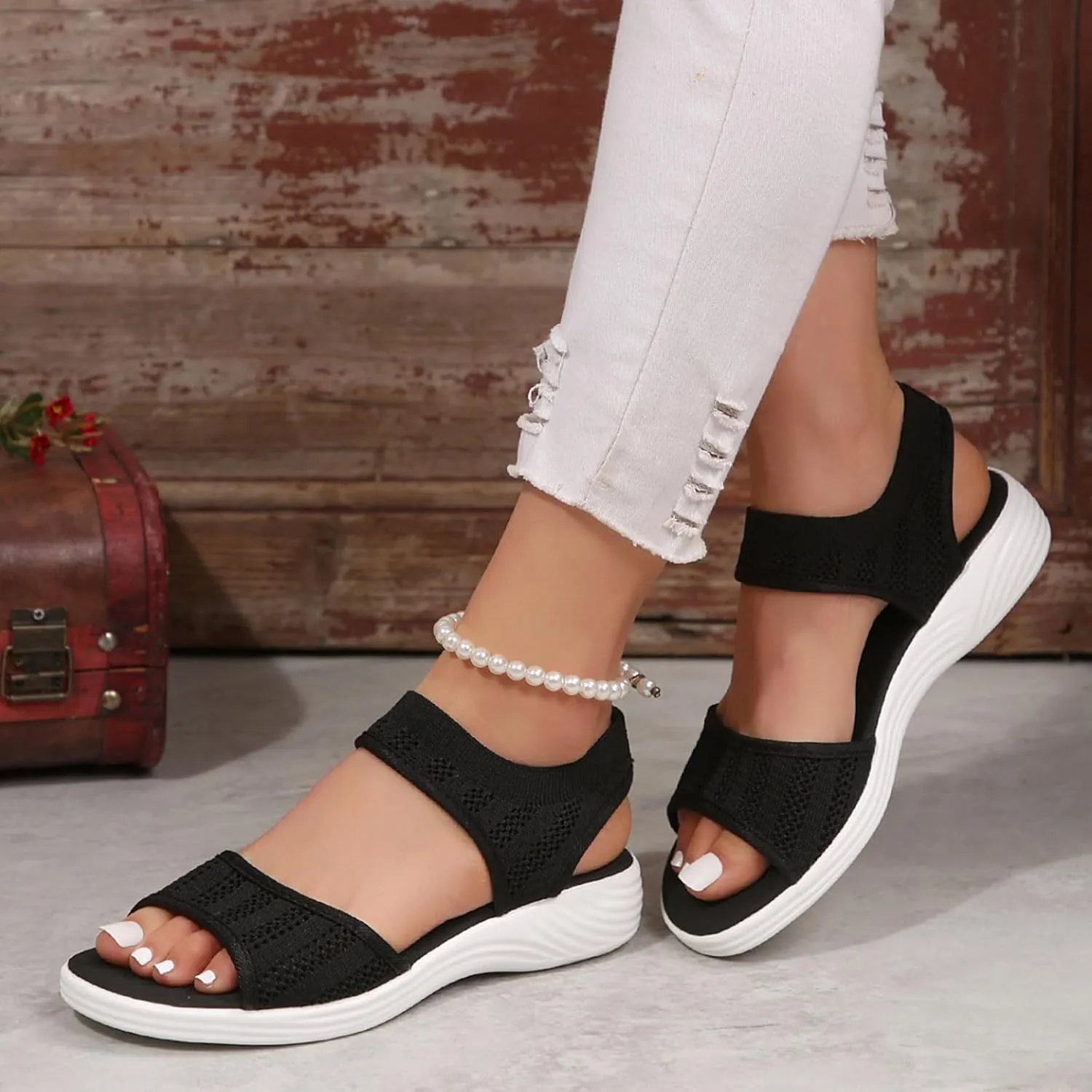 Orthopedic Wedge Sandals for Women Dressy Summer 2025 Comfortable Walking for Women's Slip On Loafers Knitted Mesh Thick Heel Fish Mouth Elastic Strap Mule Breathable Shoes Wedges Canvas Sneakers