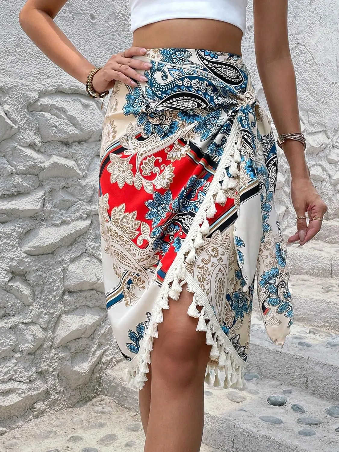 OYOANGLE Women's Boho Paisley Print High Waist Knot Front Tassel Trim Knee Length Skirts Vacation Skirt