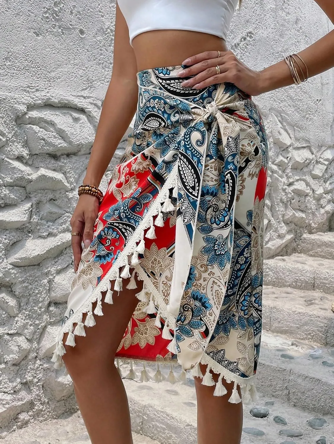 OYOANGLE Women's Boho Paisley Print High Waist Knot Front Tassel Trim Knee Length Skirts Vacation Skirt