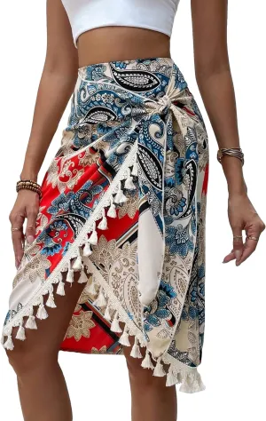 OYOANGLE Women's Boho Paisley Print High Waist Knot Front Tassel Trim Knee Length Skirts Vacation Skirt