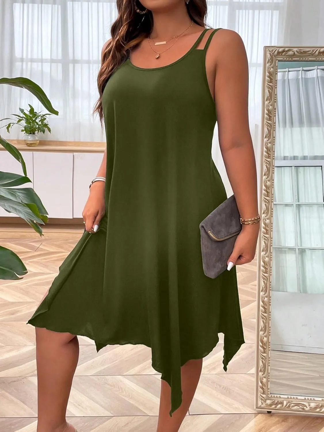 OYOANGLE Women's Plus Size Scoop Neck Sleeveless Asymmetrical Hem Flowy Midi Cami Dress