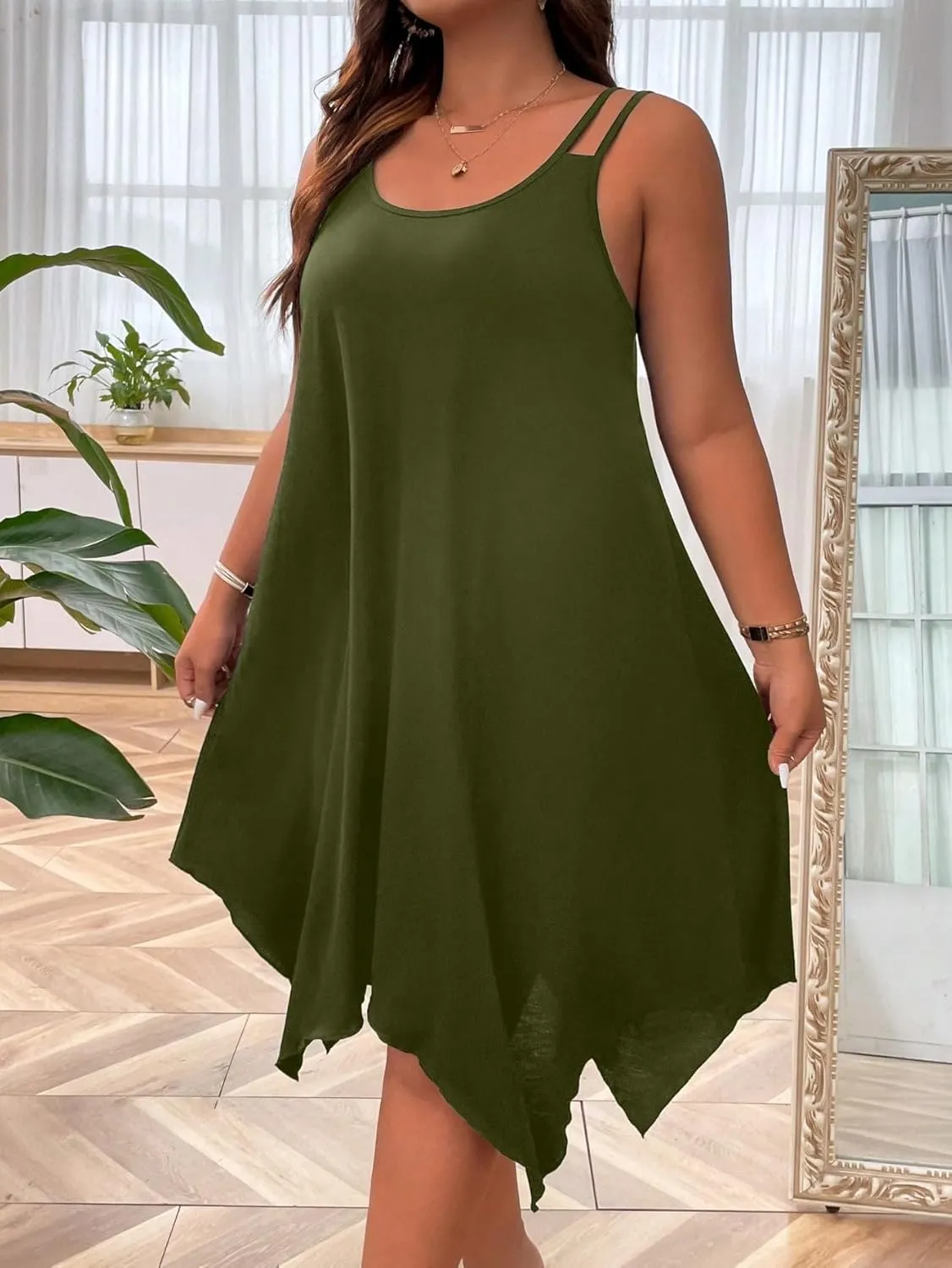OYOANGLE Women's Plus Size Scoop Neck Sleeveless Asymmetrical Hem Flowy Midi Cami Dress