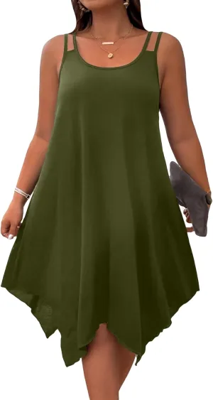 OYOANGLE Women's Plus Size Scoop Neck Sleeveless Asymmetrical Hem Flowy Midi Cami Dress