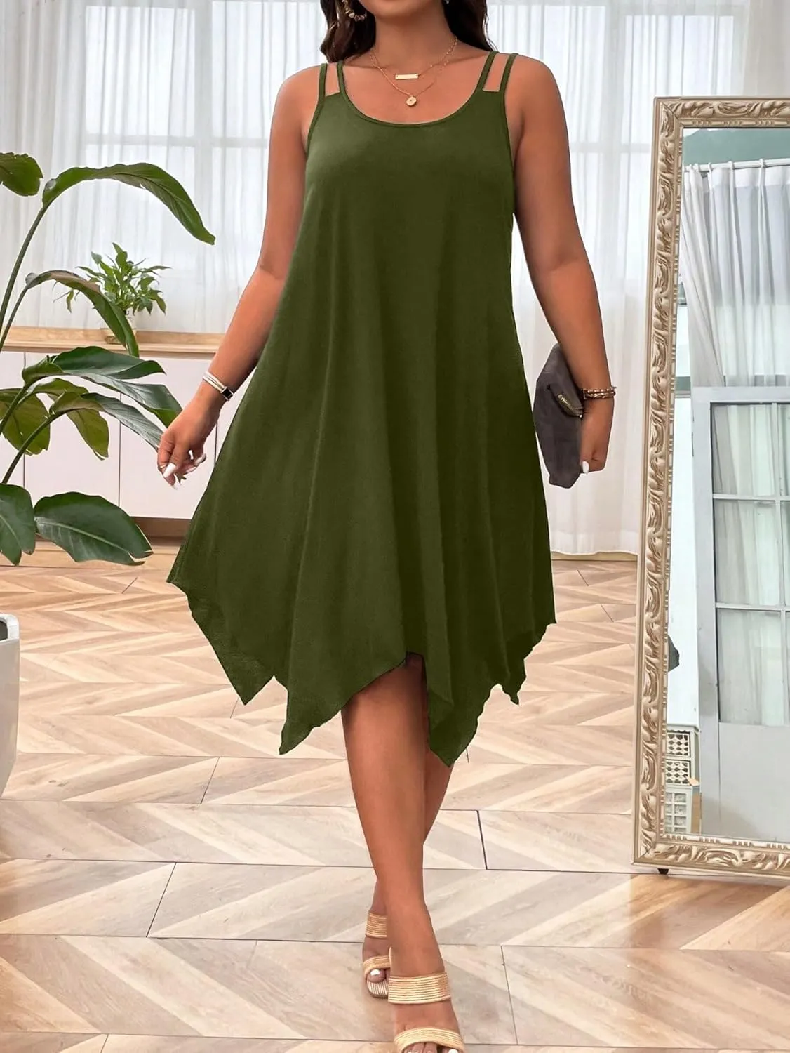 OYOANGLE Women's Plus Size Scoop Neck Sleeveless Asymmetrical Hem Flowy Midi Cami Dress