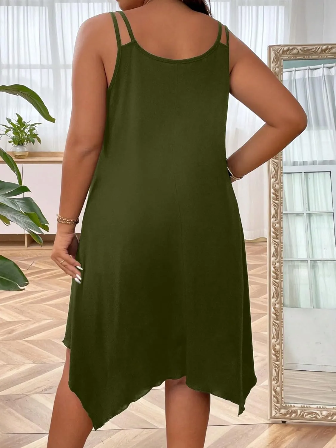 OYOANGLE Women's Plus Size Scoop Neck Sleeveless Asymmetrical Hem Flowy Midi Cami Dress