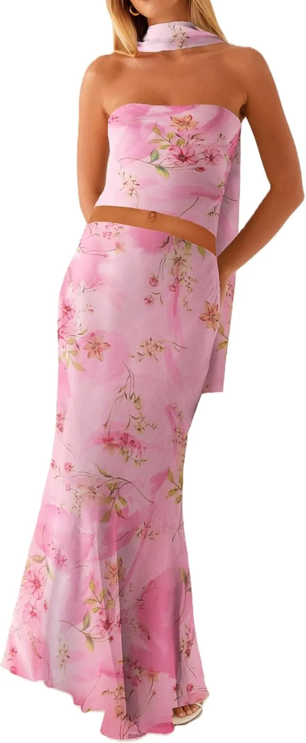Passec Vintage Lace Maxi Skirt Set Women 2 Piece Outfit Strapless Split Tube Top and Maxi Skirt Set Going Out