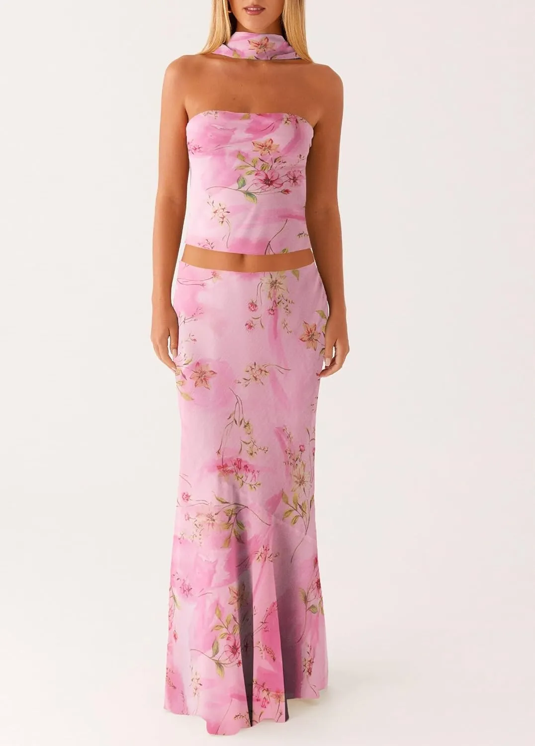 Passec Vintage Lace Maxi Skirt Set Women 2 Piece Outfit Strapless Split Tube Top and Maxi Skirt Set Going Out