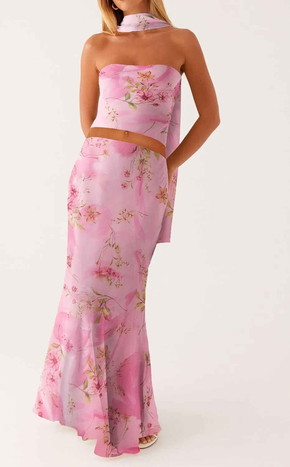 Passec Vintage Lace Maxi Skirt Set Women 2 Piece Outfit Strapless Split Tube Top and Maxi Skirt Set Going Out
