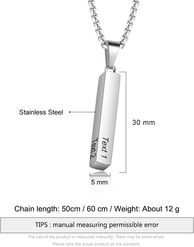 Personalized 3D Vertical Bar Necklace - Custom Name Necklace for Men Him Engraved Text Bar Necklace 4 Sided for Boyfriend Husband Vertical Cuboid Bar Pendant Necklace Jewelry for Couples Friends